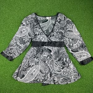 Vintage Y2K So.. Sheer Black & White Paisley Wrap Style Tie Back Top Sz L